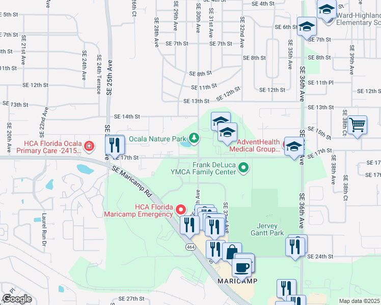 map of restaurants, bars, coffee shops, grocery stores, and more near 2929 Southeast 17th Street in Ocala
