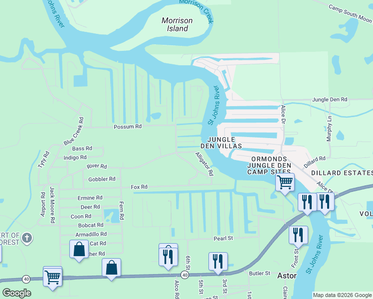 map of restaurants, bars, coffee shops, grocery stores, and more near 24521 Alligator Road in Astor