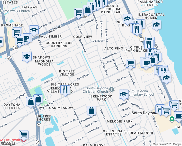 map of restaurants, bars, coffee shops, grocery stores, and more near 777 Bennett Road in South Daytona