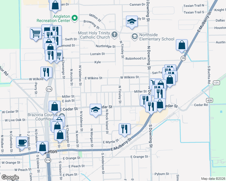 map of restaurants, bars, coffee shops, grocery stores, and more near 813 Miller Street in Angleton