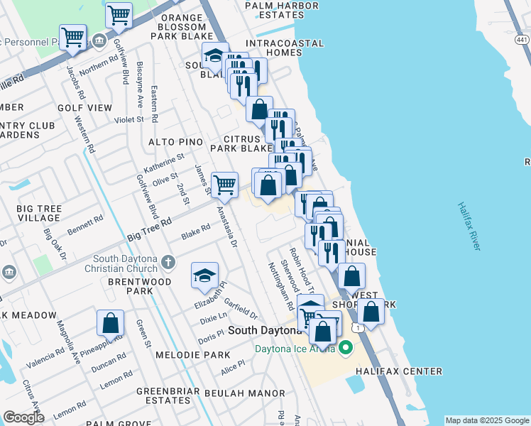 map of restaurants, bars, coffee shops, grocery stores, and more near 2030 South Ridgewood Avenue in South Daytona