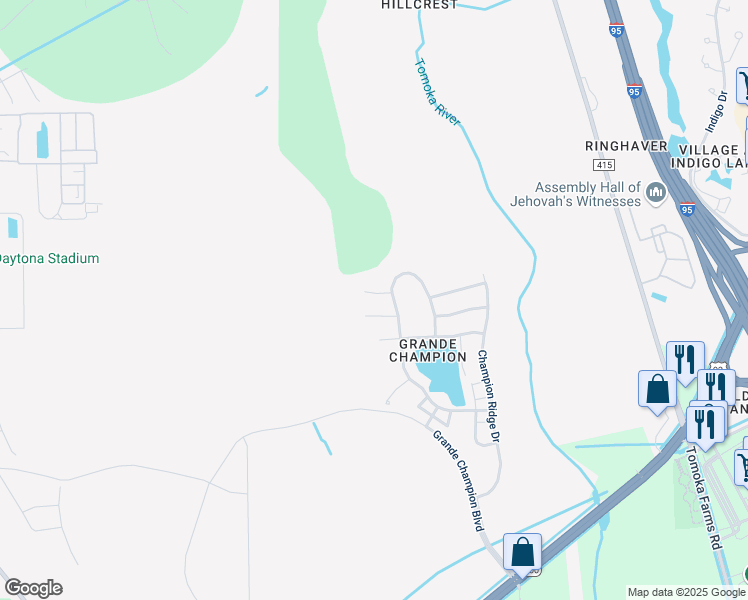 map of restaurants, bars, coffee shops, grocery stores, and more near 117 Grande Belfly Way in Daytona Beach