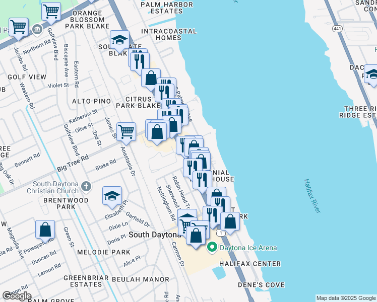 map of restaurants, bars, coffee shops, grocery stores, and more near 2111 South Ridgewood Avenue in South Daytona