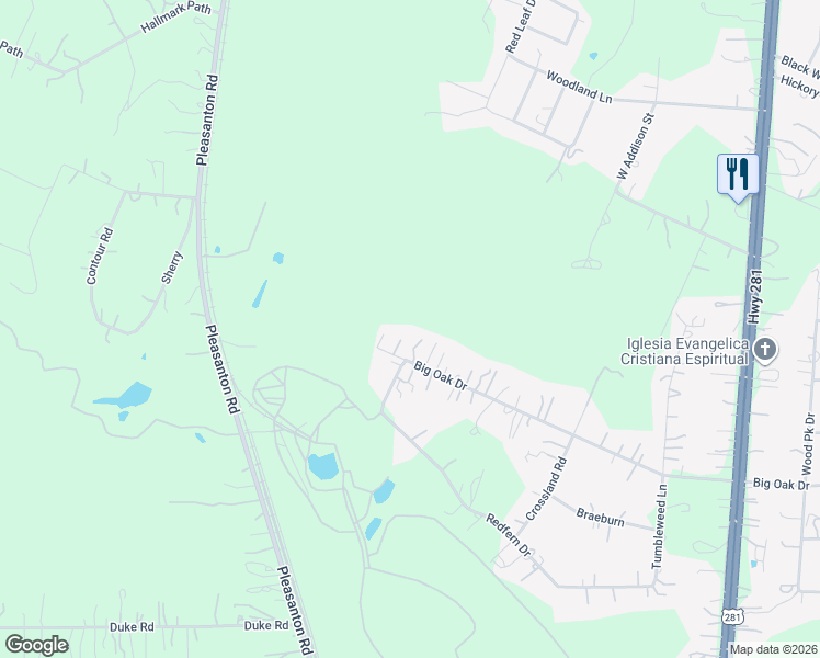 map of restaurants, bars, coffee shops, grocery stores, and more near 319 Big Oak Drive in San Antonio