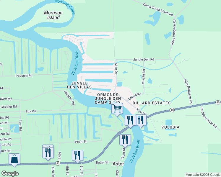 map of restaurants, bars, coffee shops, grocery stores, and more near 1609 Yellow Brick Road in Astor