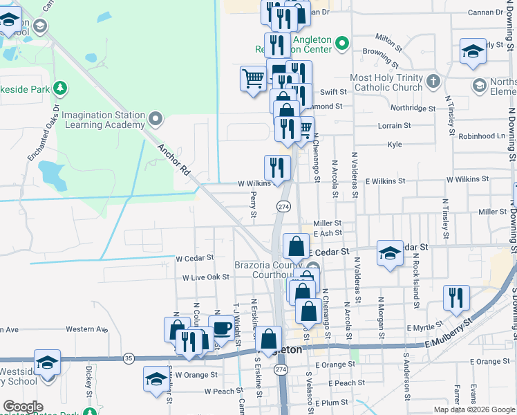 map of restaurants, bars, coffee shops, grocery stores, and more near 816 Perry St in Angleton