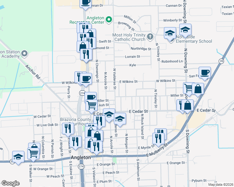 map of restaurants, bars, coffee shops, grocery stores, and more near 805 Higgins Street in Angleton