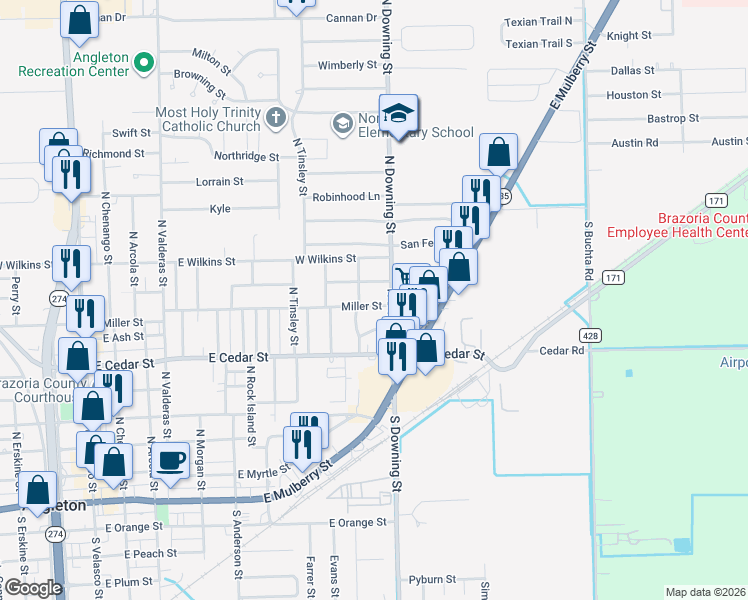 map of restaurants, bars, coffee shops, grocery stores, and more near 1113 Miller Street in Angleton