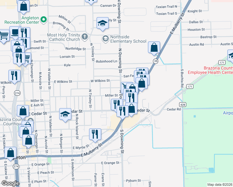 map of restaurants, bars, coffee shops, grocery stores, and more near 1113 Miller Street in Angleton