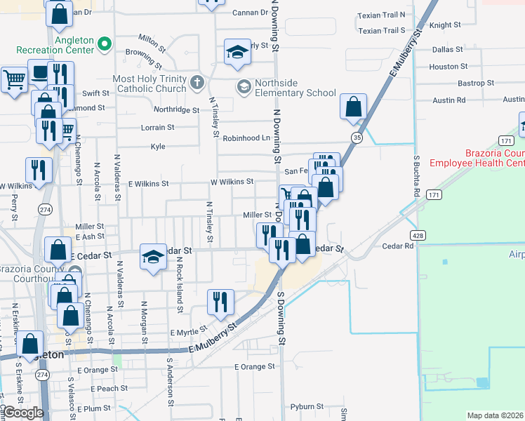 map of restaurants, bars, coffee shops, grocery stores, and more near 1113 Miller Street in Angleton