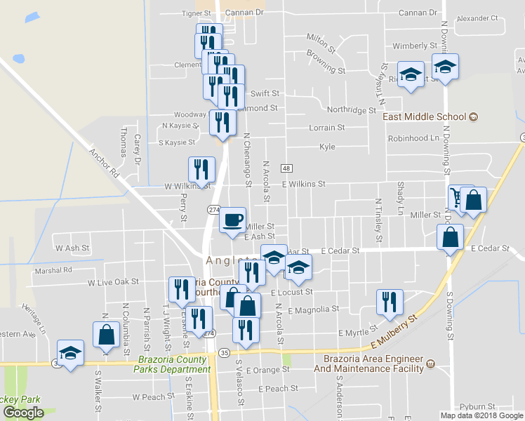 map of restaurants, bars, coffee shops, grocery stores, and more near 825 North Arcola Street in Angleton