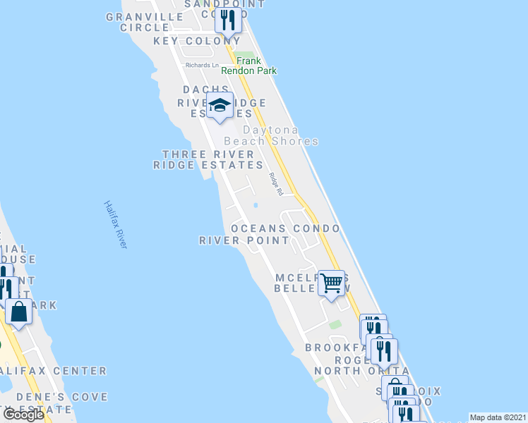 map of restaurants, bars, coffee shops, grocery stores, and more near 4 Oceans West Boulevard in Daytona Beach Shores
