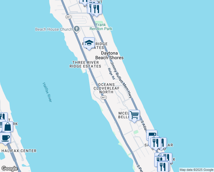 map of restaurants, bars, coffee shops, grocery stores, and more near 4 Oceans West Boulevard in Daytona Beach Shores