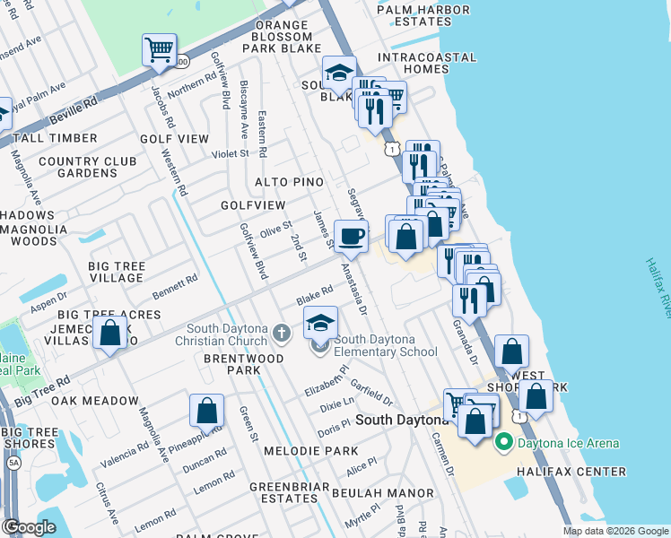 map of restaurants, bars, coffee shops, grocery stores, and more near 503 Big Tree Road in South Daytona