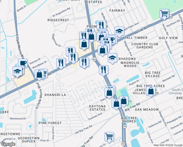map of restaurants, bars, coffee shops, grocery stores, and more near 1009 June Terrace in Daytona Beach