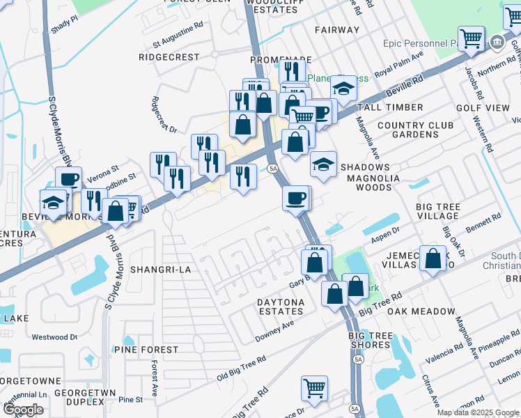 map of restaurants, bars, coffee shops, grocery stores, and more near 1009 June Terrace in Daytona Beach