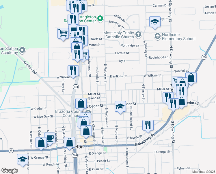 map of restaurants, bars, coffee shops, grocery stores, and more near 805 Higgins Street in Angleton
