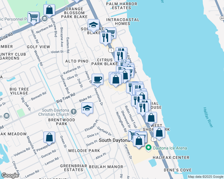 map of restaurants, bars, coffee shops, grocery stores, and more near 2030 South Ridgewood Avenue in South Daytona