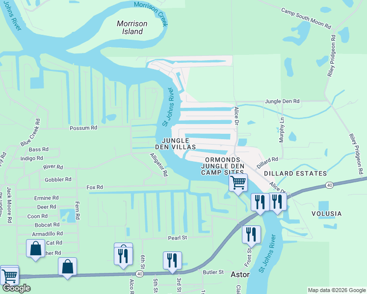 map of restaurants, bars, coffee shops, grocery stores, and more near 1640 Juno Trail in Astor