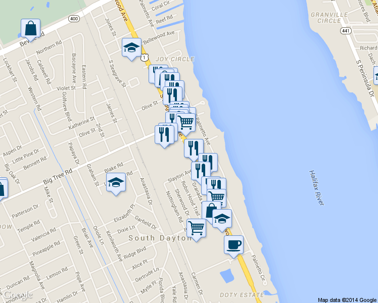 map of restaurants, bars, coffee shops, grocery stores, and more near 2050 South Ridgewood Avenue in South Daytona