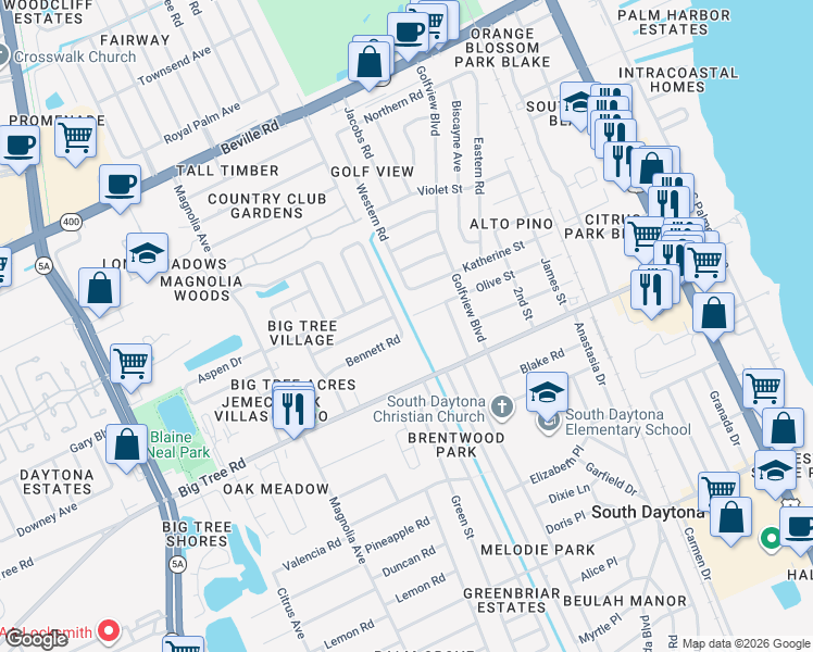 map of restaurants, bars, coffee shops, grocery stores, and more near 777 Bennett Road in South Daytona