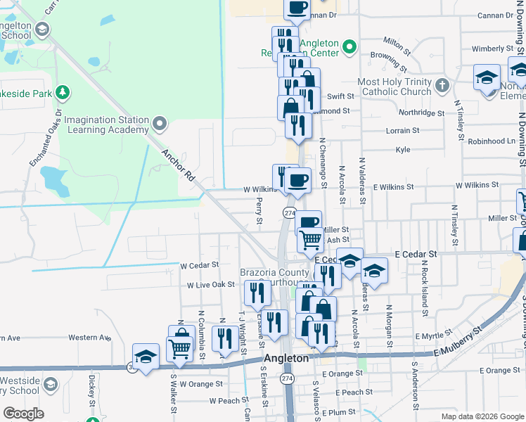 map of restaurants, bars, coffee shops, grocery stores, and more near 816 Perry Street in Angleton