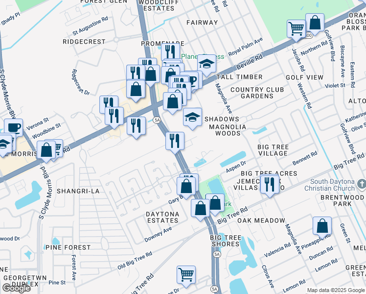 map of restaurants, bars, coffee shops, grocery stores, and more near 1725 South Nova Road in South Daytona