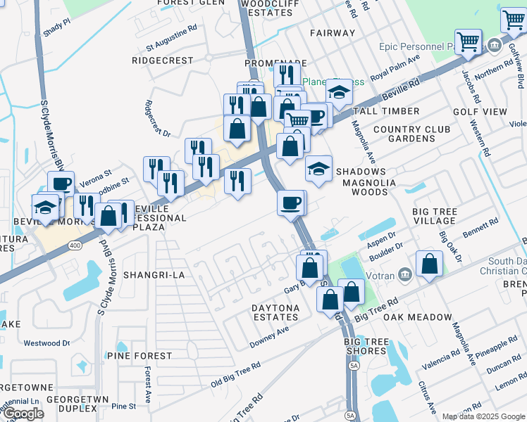 map of restaurants, bars, coffee shops, grocery stores, and more near 1009 June Terrace in Daytona Beach