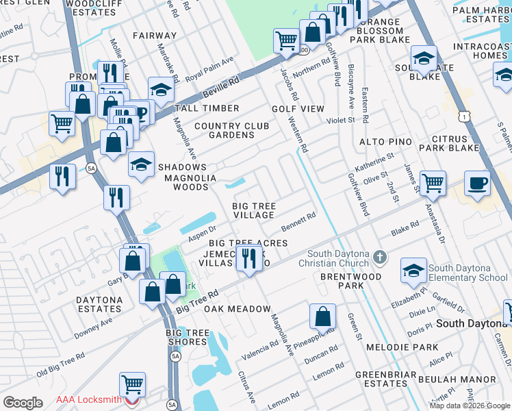 map of restaurants, bars, coffee shops, grocery stores, and more near 798 Aspen Drive in South Daytona