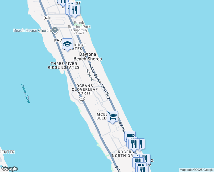map of restaurants, bars, coffee shops, grocery stores, and more near 2924 Sea Oats Circle in Daytona Beach