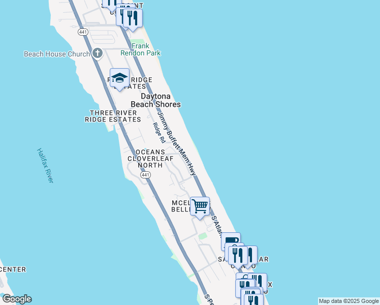 map of restaurants, bars, coffee shops, grocery stores, and more near 2924 Sea Oats Circle in Daytona Beach