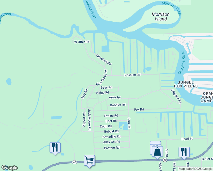 map of restaurants, bars, coffee shops, grocery stores, and more near 24002 Bass Road in Astor