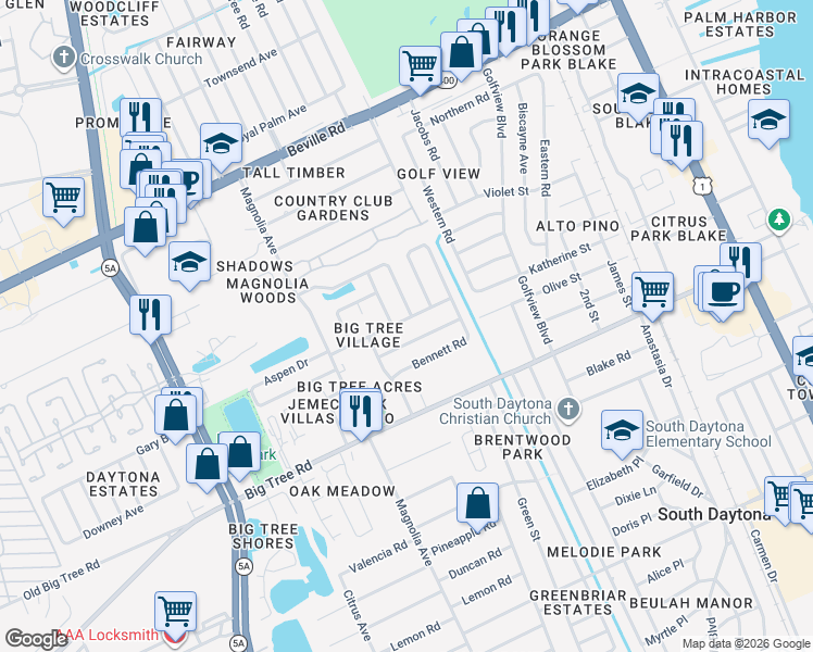map of restaurants, bars, coffee shops, grocery stores, and more near 792 Little Pine Drive in South Daytona