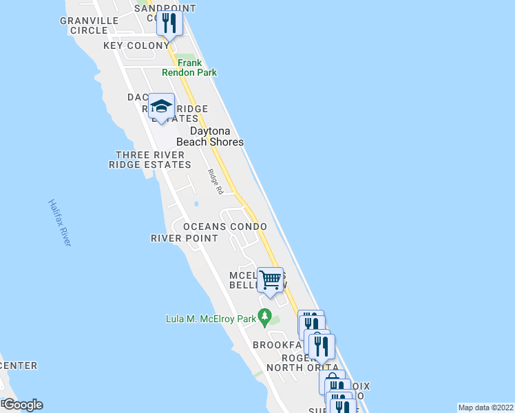 map of restaurants, bars, coffee shops, grocery stores, and more near 2924 Sea Oats Circle in Daytona Beach