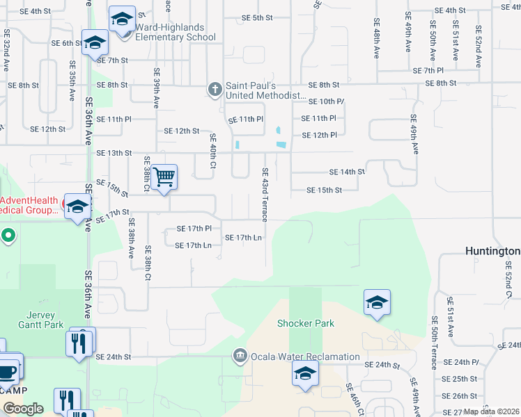 map of restaurants, bars, coffee shops, grocery stores, and more near 1545 Southeast 43rd Avenue in Ocala