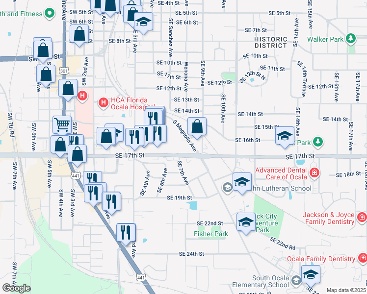 map of restaurants, bars, coffee shops, grocery stores, and more near 633-637 SE 17th St in Ocala
