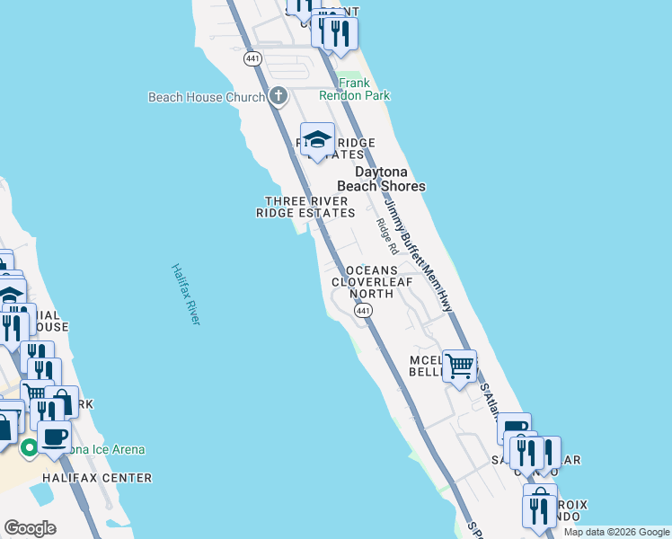 map of restaurants, bars, coffee shops, grocery stores, and more near 2914 South Peninsula Drive in Daytona Beach
