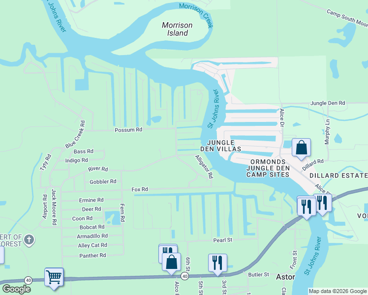 map of restaurants, bars, coffee shops, grocery stores, and more near 24521 Alligator Road in Astor
