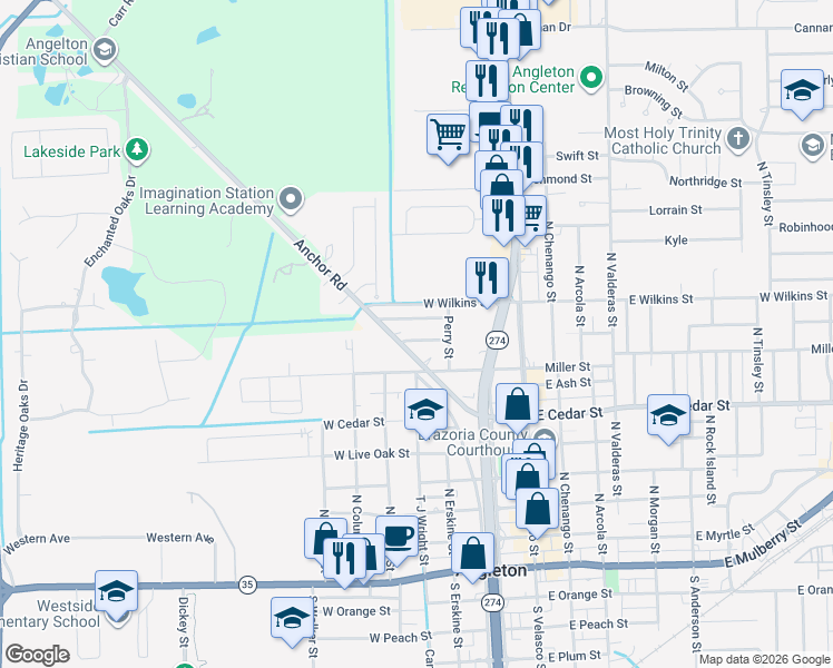 map of restaurants, bars, coffee shops, grocery stores, and more near 313 Angle Street in Angleton