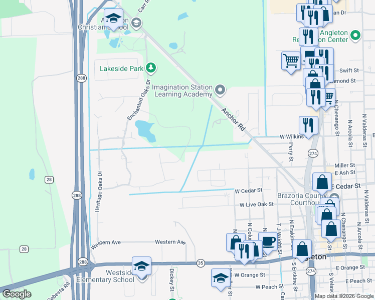 map of restaurants, bars, coffee shops, grocery stores, and more near 816 West Miller Street in Angleton