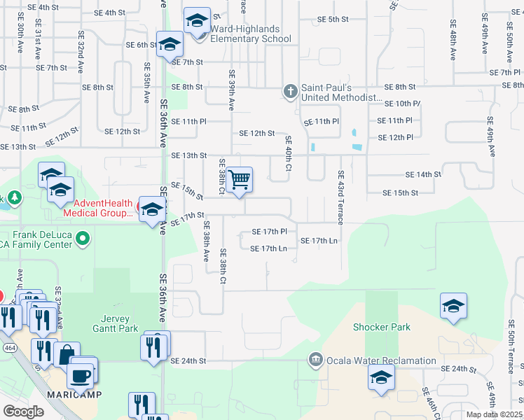 map of restaurants, bars, coffee shops, grocery stores, and more near 3955 Southeast 17th Street in Ocala