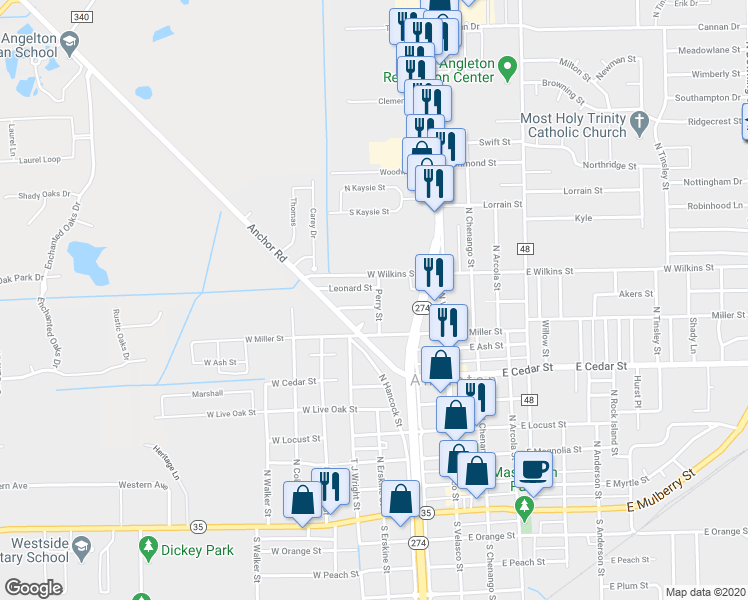 map of restaurants, bars, coffee shops, grocery stores, and more near 300 Angle Street in Angleton