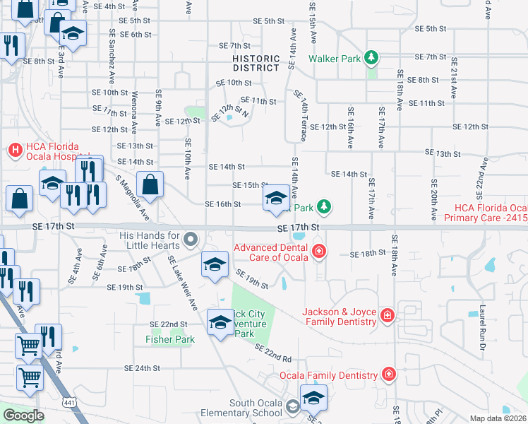 map of restaurants, bars, coffee shops, grocery stores, and more near 1309 Southeast 17th Street in Ocala
