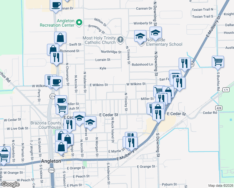 map of restaurants, bars, coffee shops, grocery stores, and more near 813 Miller Street in Angleton