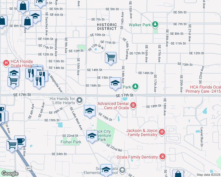 map of restaurants, bars, coffee shops, grocery stores, and more near 1309 Southeast 17th Street in Ocala