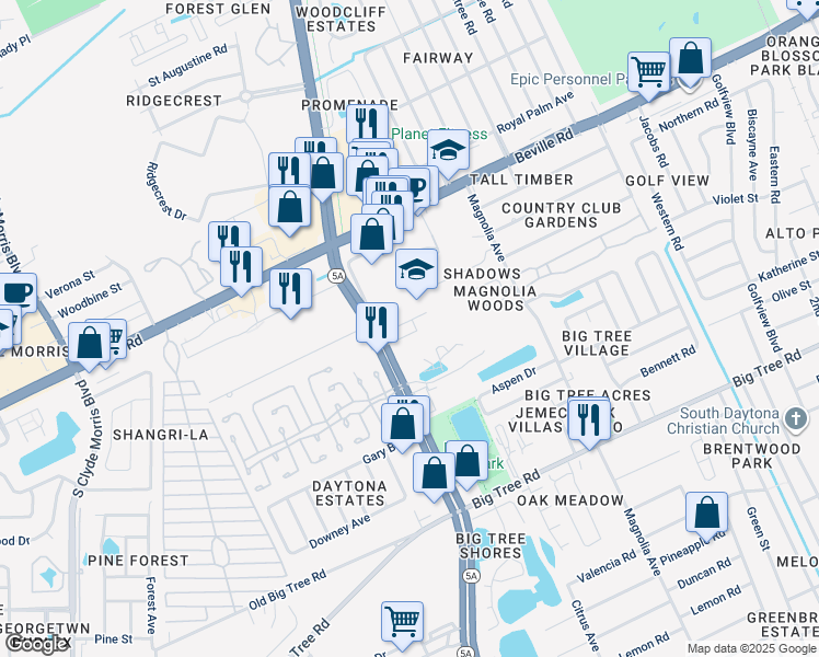 map of restaurants, bars, coffee shops, grocery stores, and more near 1725 South Nova Road in South Daytona