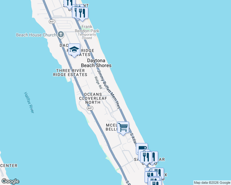 map of restaurants, bars, coffee shops, grocery stores, and more near 2924 Sea Oats Circle in Daytona Beach