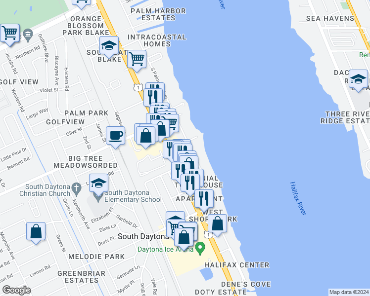 map of restaurants, bars, coffee shops, grocery stores, and more near 2111 South Ridgewood Avenue in South Daytona