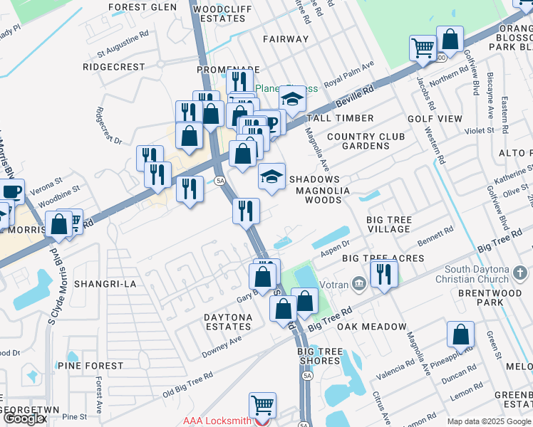 map of restaurants, bars, coffee shops, grocery stores, and more near 1725 South Nova Road in South Daytona