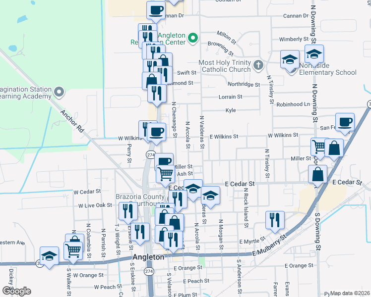 map of restaurants, bars, coffee shops, grocery stores, and more near 825 North Arcola Street in Angleton